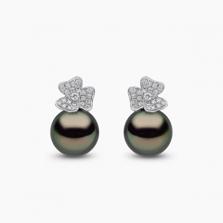 Contessa 18K Gold Black Tahitian Pearl and Diamond Flower Motif Earrings Contessa 18K Gold Black Tahitian Pearl and Diamond Flower Motif Earrings