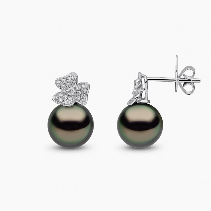 Contessa 18K Gold Black Tahitian Pearl and Diamond Flower Motif Earrings Contessa 18K Gold Black Tahitian Pearl and Diamond Flower Motif Earrings