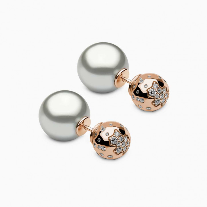 Duet 18K Rose Gold Grey Tahitian and Diamond Stud Earrings
