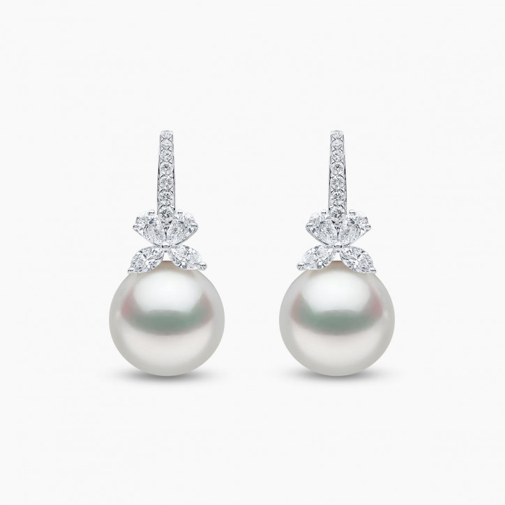 Jazz 18K Gold Pearl and Diamond Motif Hoop Earrings Jazz 18K Gold Pearl and Diamond Motif Hoop Earrings