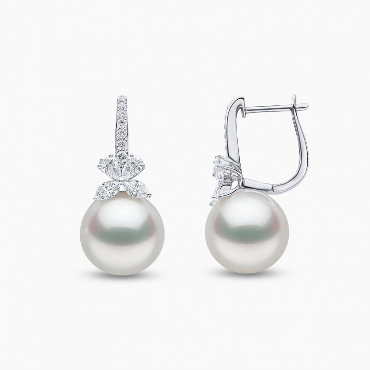 Jazz 18K Gold Pearl and Diamond Motif Hoop Earrings Jazz 18K Gold Pearl and Diamond Motif Hoop Earrings