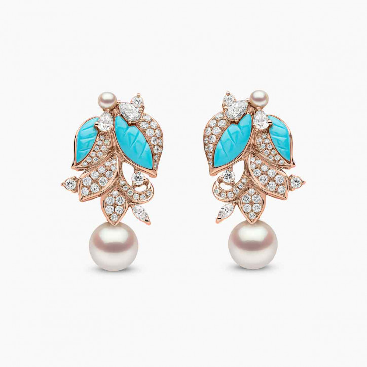 Cleopatra 18K Gold Freshwater Pearl Diamond and Turquoise Earrings