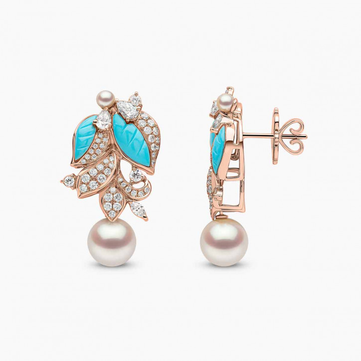 Cleopatra 18K Gold Freshwater Pearl Diamond and Turquoise Earrings
