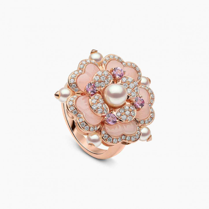 Cleopatra 18K Gold Freshwater Pearl Diamond and Pink Sapphire Floral Ring Cleopatra 18K Gold Freshwater Pearl Diamond and Pink Sapphire Floral Ring