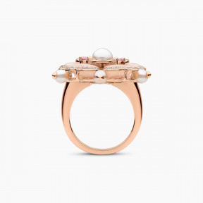Cleopatra 18K Gold Freshwater Pearl Diamond and Pink Sapphire Floral Ring