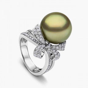 Jazz 18K Gold Pistachio Tahitian Pearl and Diamond Ribbon Motif Ring