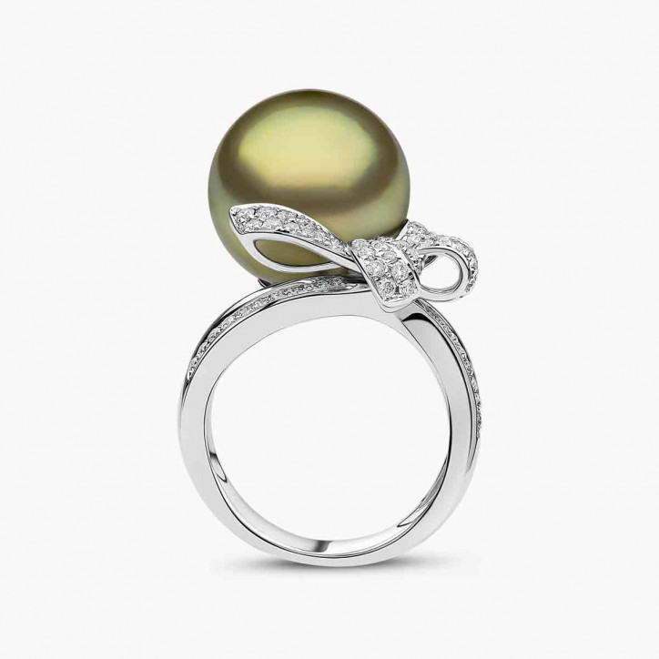Jazz 18K Gold Pistachio Tahitian Pearl and Diamond Ribbon Motif Ring