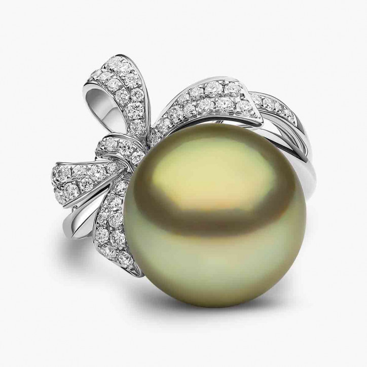 Jazz 18K Gold Pistachio Tahitian Pearl and Diamond Ribbon Motif Ring