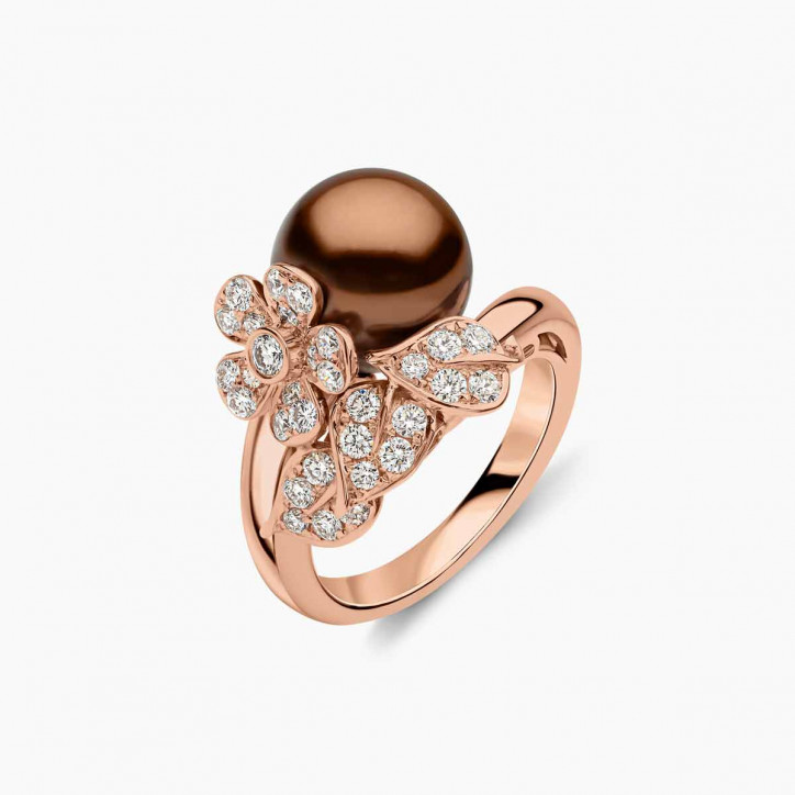 Duchess 18K Gold Chocolate Tahitian Pearl and Diamond Floral Motif Ring