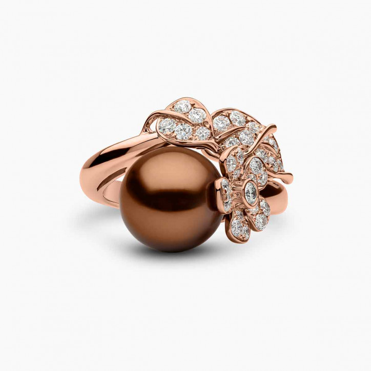 Duchess 18K Gold Chocolate Tahitian Pearl and Diamond Floral Motif Ring