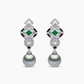 Cleopatra 18K Gold Pearl Diamond Emerald and Onyx Earrings