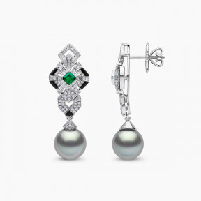Cleopatra 18K Gold Pearl Diamond Emerald and Onyx Earrings