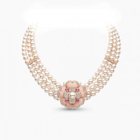 Cleopatra 18K Gold Freshwater Pearl Diamond and Pink Sapphire Necklace