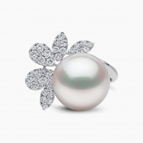 Duchess 18K Gold South Sea Pearl and Flower Diamond Flutter Ring