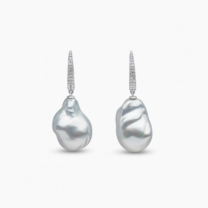 Baroque 18K Gold South Sea Pearl and Diamond Drop Earrings