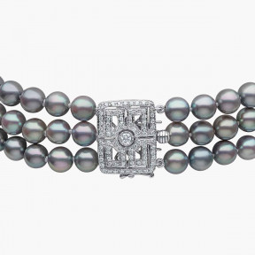 Класическо колие с перли и диамантена закопчалка от 18K бяло злато в сиво Akoya