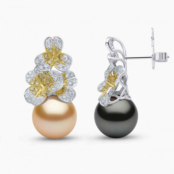 Sunrise 18K Gold Mixed Pearl and Diamond Clover Earrings