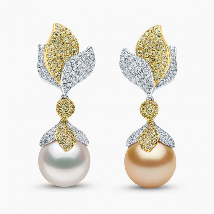 Sunrise 18k Gold South Sea Pearl Leaf Drop Diamond Earrings