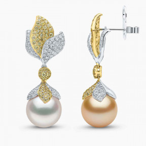 Sunrise 18k Gold South Sea Pearl Leaf Drop Diamond Earrings