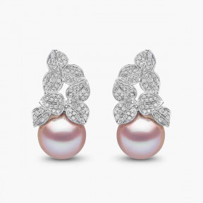 Contessa 18K Gold Pink Freshwater Pearl and Diamond Flower Motif Earrings