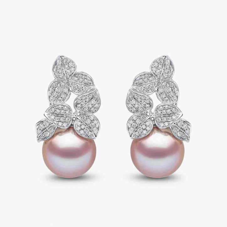 Contessa 18K златни обеци с розови сладководни перли и диамантени цветя