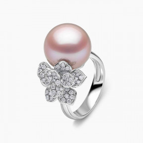 Contessa 18K Gold Pink Freshwater Pearl and Diamond Flower Motif Ring
