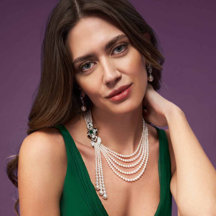 Клеопатра 18K златна перла и диамант Колие от смарагд и оникс