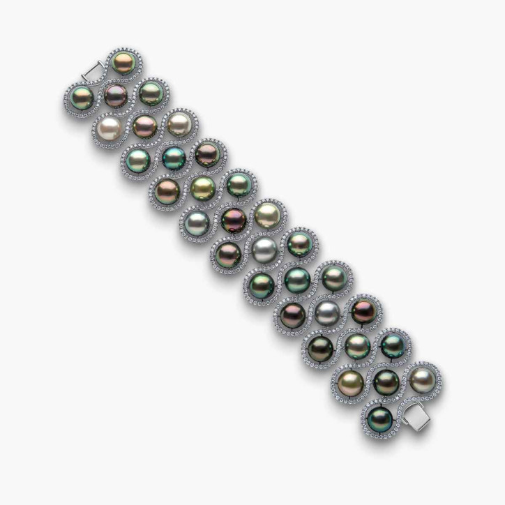 Duchess 18K Gold Multi Row Mixed Pearl and Diamond Bracelet