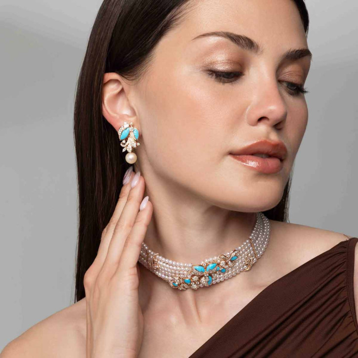 Cleopatra 18K Gold Freshwater Pearl Diamond and Turquoise Choker