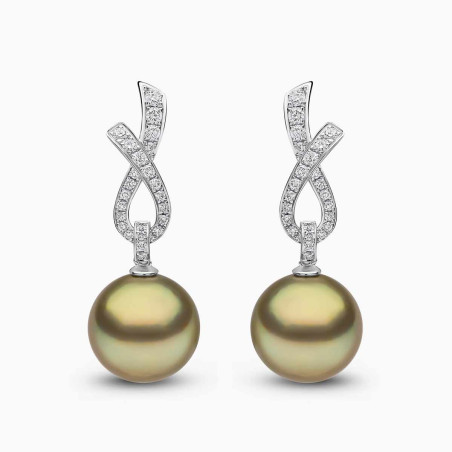 Jazz 18K Gold Pistachio Tahitian Pearl and Diamond Ribbon Earrings