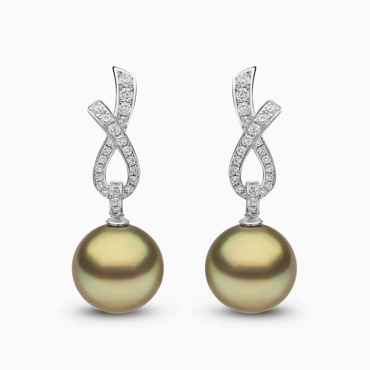 Jazz 18K Gold Pistachio Tahitian Pearl and Diamond Ribbon Earrings Jazz 18K Gold Pistachio Tahitian Pearl and Diamond Ribbon Earrings