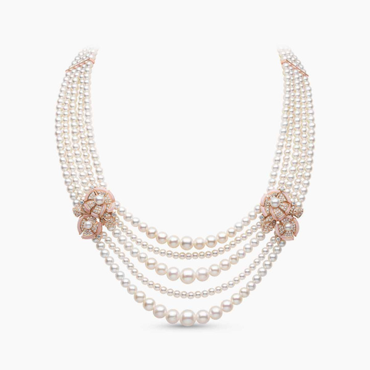 Cleopatra 18K Gold Freshwater Pearl Diamond and Pink Opal Necklace