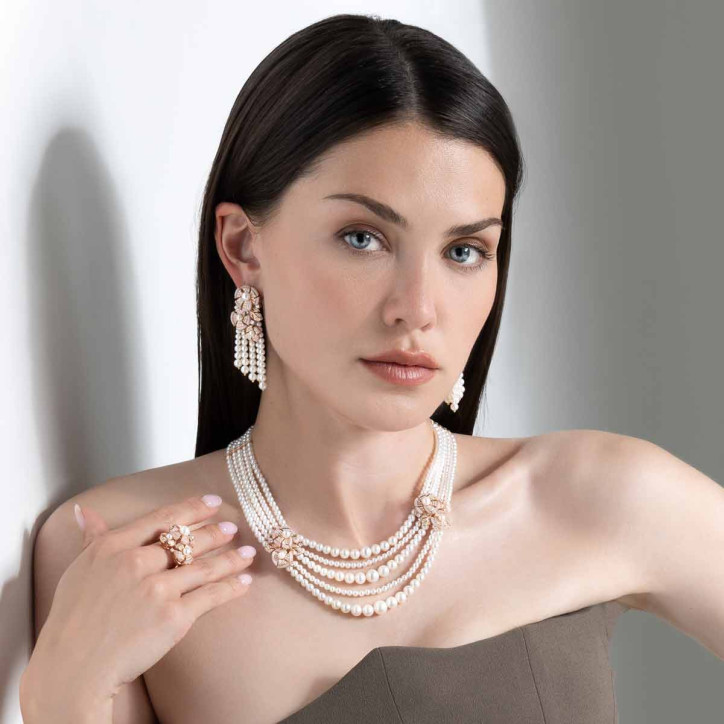 Cleopatra 18K Gold Freshwater Pearl Diamond and Pink Opal Necklace