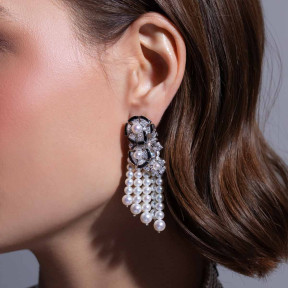 Cleopatra 18K Gold Freshwater Pearl, Diamond and Onyx Earrings