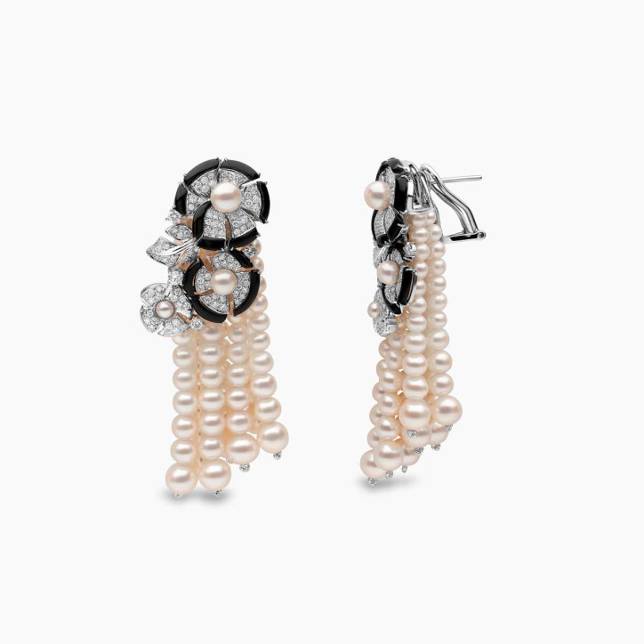 Cleopatra 18K Gold Freshwater Pearl, Diamond and Onyx Earrings