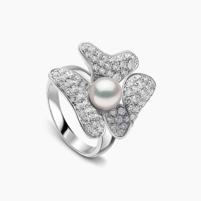 Пръстен с флорални перли и диаманти Contessa 18K злато Akoya